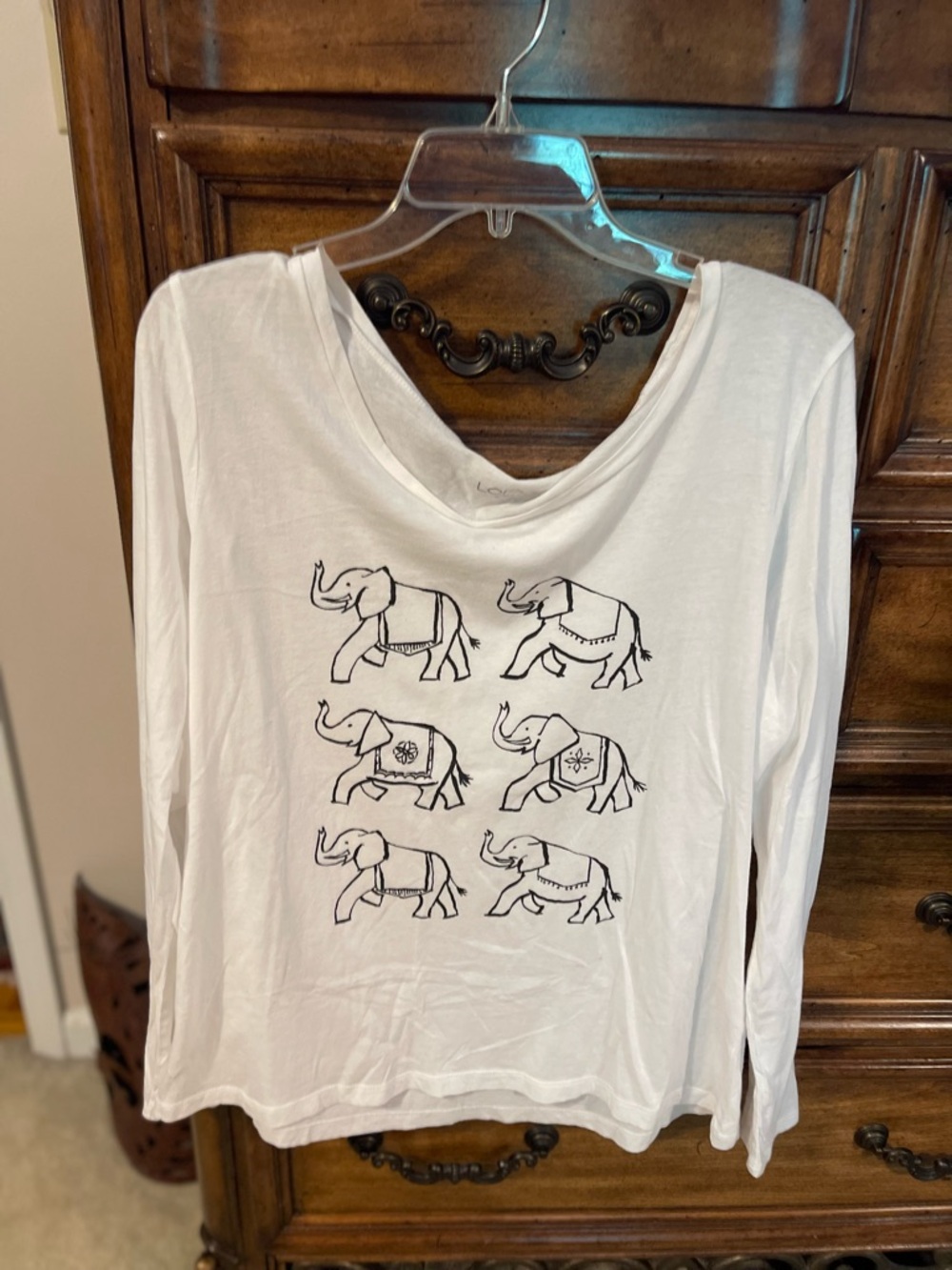 LOFT White Long Sleeve Tee with Black Elephant Print